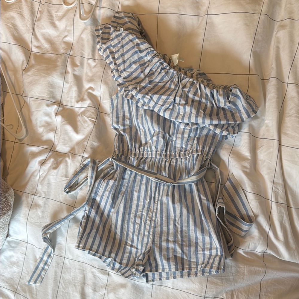 Pink Owl Blue and White Striped Romper